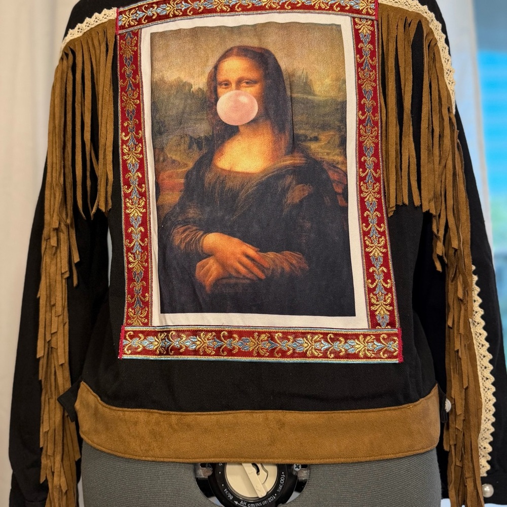 Fringe Jean Jacket with Mona Lisa Print